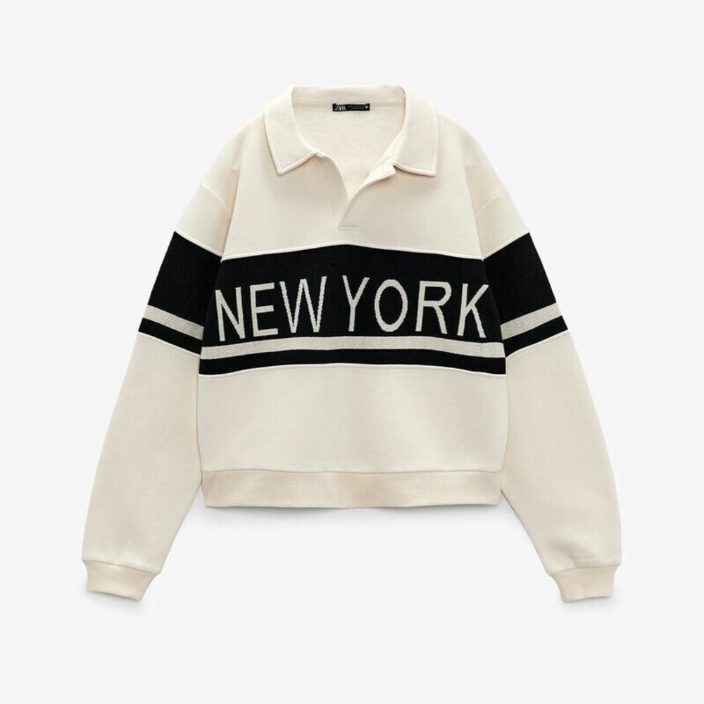 Zara Cream Cropped Sweater with Black Stripe and New York Text